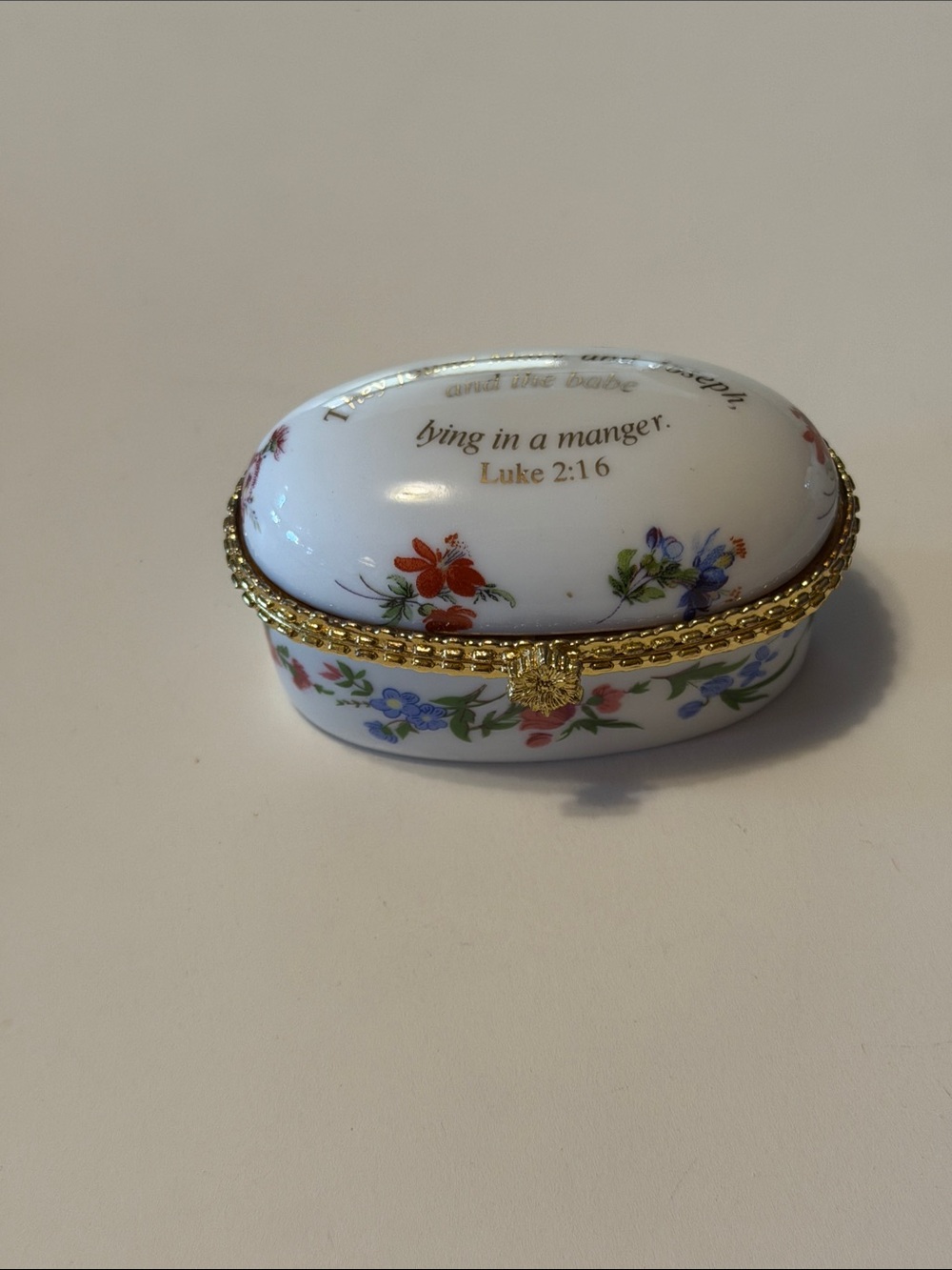 Imperial Porcelain Co. small trinket box. Floral with bible verse.  Vintage.